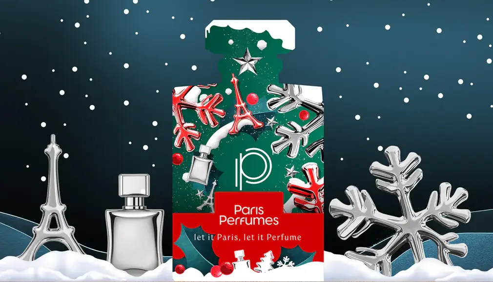 A Paris Perfumes 2026 naptár zöld, parfümösüveg formájú doboza piros hópelyhekkel és let it Paris, let it Perfume felirattal