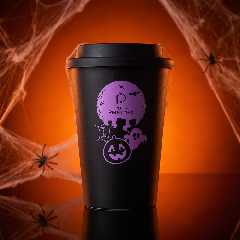 Fekete Hokus Paris Halloween Edition termobögre narancssárga, pókhálós háttér előtt