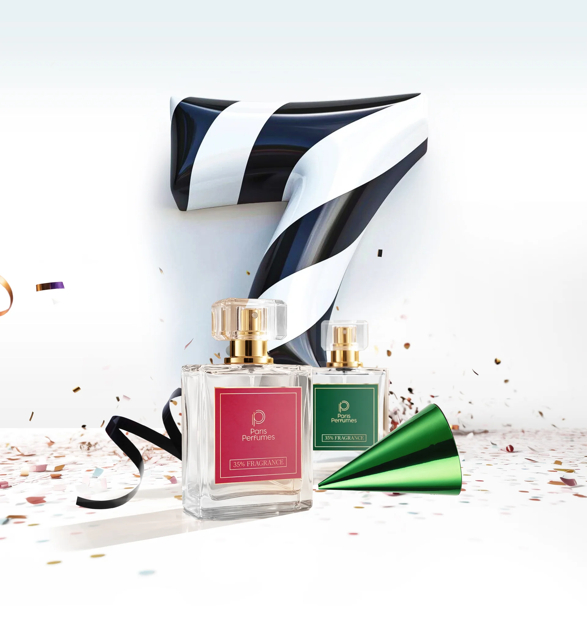Születésnapi kompozíció a 7-es számmal és Paris Perfumes flakonokkal