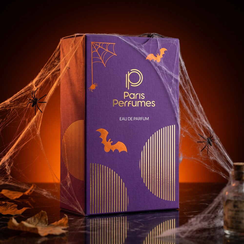 Lila-narancssárga Paris Perfumes BLIND BOX doboz halloweeni környezetben