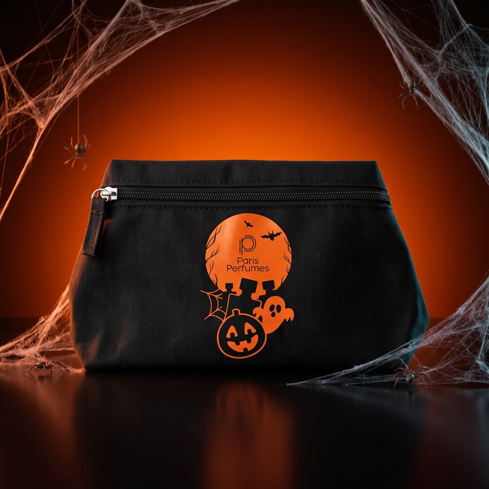 Fekete Spell Pouch mini kozmetikai táska Paris Perfumes tökkel, pókhálós háttér előtt